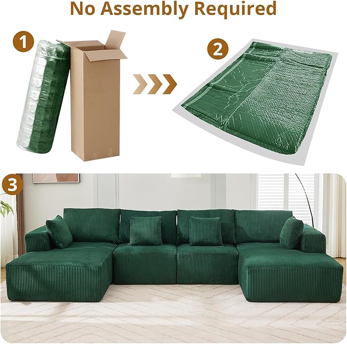 Cloud Boneless Couch 137 Modern Sectional U-Shaped Comfy No Assembly Required Convertible Compression Sleeper Modular Sofa with Corduroy Fabric Deep Seat Single + Chaise for Living Room