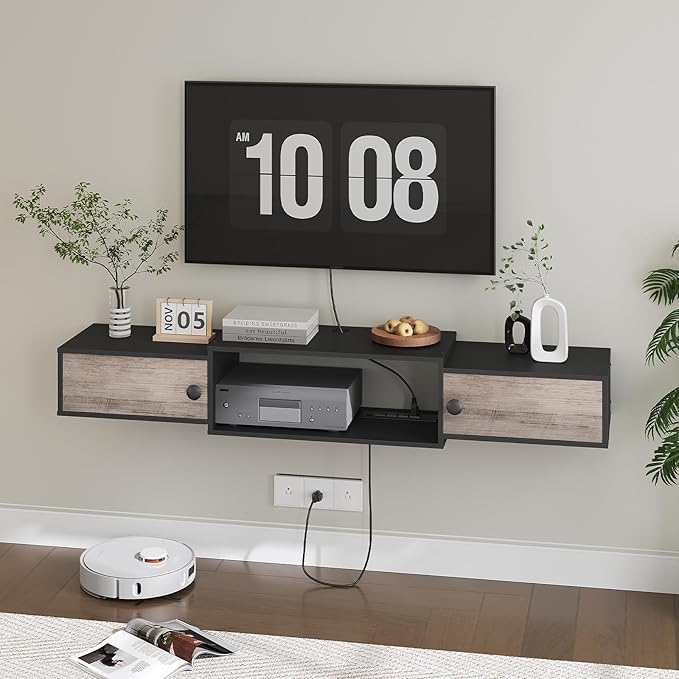 HOOBRO 55 Floating TV Stand with Power Outlets Modern Wall Mounted Media Console Shelf with Doors Entertainment Center for Under TV Storage for Living Room Bedroom Greige and Black BG11UDS01
