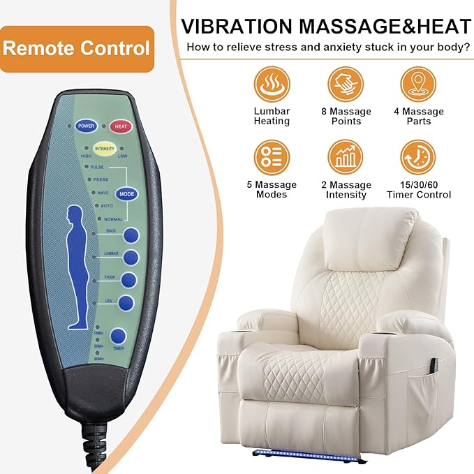 AHMED Power Recliner Chair with Vibration Massage &amp Heat for Adults Faux Leather Home Theater Seating with Cup Holders/LED Lights/USB Ports/Side Pockets for Living Room Beige