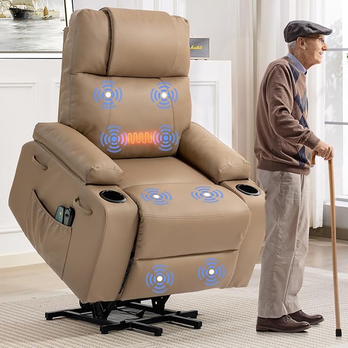 Power Lift Recliner Chair for Elderly with Massage &amp Heat 160° Adjustable PU Leather Electric Recliner with Remote Cup Holders Side Pockets and Stand Assist for Living Room Bedroom (Brown)