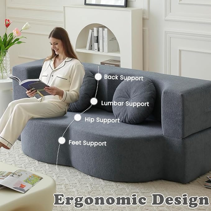 76 Convertible Folding Futon Sofa Bed Queen Sleeper Sofa with Pillow Teddy Fabric Floor &amp Futon Loveseat Couch Foam Folding Mattress Sleeper for Living Room Guest Use OfficeApartment (Grey)