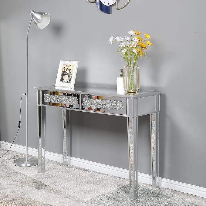 Karl home Mirrored Desk with 2 Drawers Silver Console Table Mirror Sofa Table with Crystal Inlay Front for Living Room Entryway Foyer 42 Inch