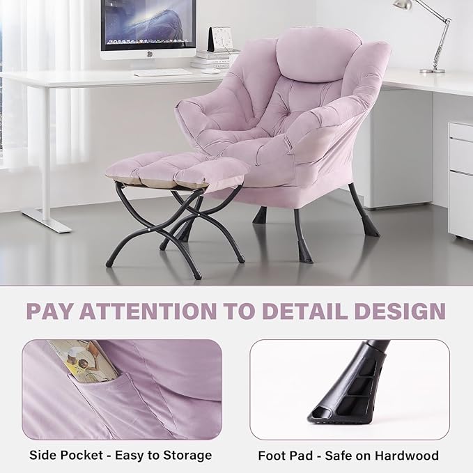 Tiita Lazy Chair with Ottoman Purple Modern Large Accent Armchair Comfy Leisure Sofa Reading Chair with Footrest for Bedroom Living Room Dorm Rooms Garden Velvet Light Purple
