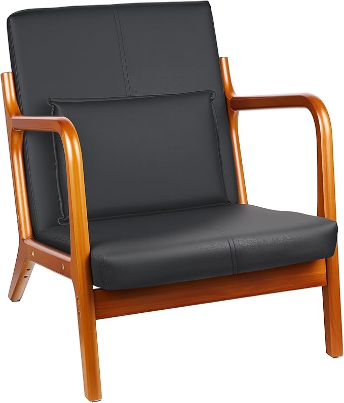 VECELO Mid-Century Modern Accent Chair with Faux Leather Cushion &amp Solid Wood Frame Lounge Armchair for Living Room Bedroom Office Black
