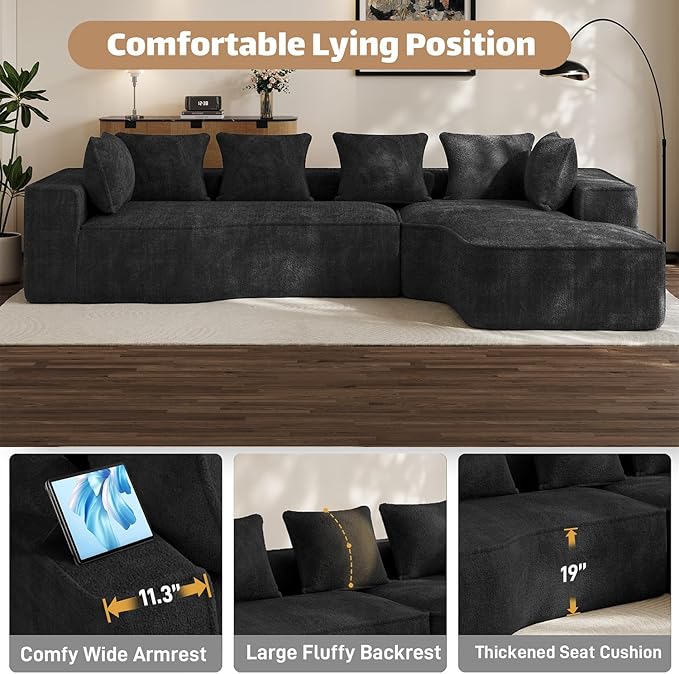 134'' Cloud Couch Modular Sectional Sofa Comfy L Shaped Couches for Living Room Fluffy Chenille 5 Seater Boneless Couch with Oversized Chaise &amp Deep Seat No Assembly Required(Black)