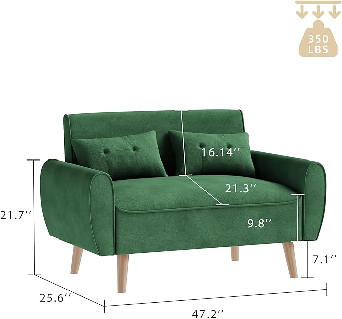 JAMFLY 47'' Small Loveseat Sofa 2 Seat Compact Couch with Tapered Legs Green Upholstered Furniture Solid Wood Frame Comfy Foam Cushion Easy Assembly for Small Spaces