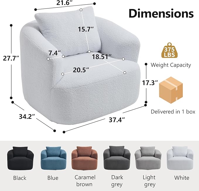 Swivel Accent Chair 360° Rotating Barrel Chair with Teddy Fleece Upholstery &amp High-Resilience Sponge Cushion Easy Assembly Single Sofa for Living Room Bedroom or Apartment (White)