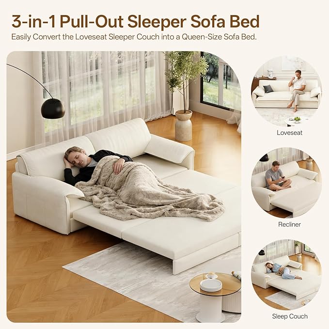 66 Queen Pull Out Couch BedVelvet 3-in-1 Queen-Size Sleeper SofaConvertible Pull-Out Sofa Bed with Side PocketsSleeper Loveseat for Living RoomApartment Offices (Beige)