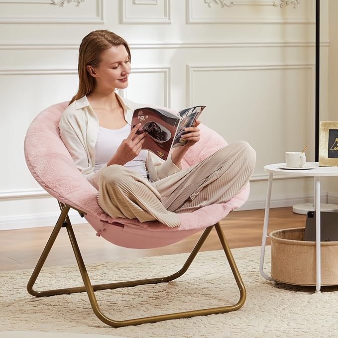 DUMOS Comfy Saucer ChairFaux Fur Lounge Seasting XL Circle Chair for Bedroom Dorm &amp Gaming Foldable Fashion Accent Seat for Small Spaces Folding Moon/Mushroom/Round Oversized StyleHot Pink