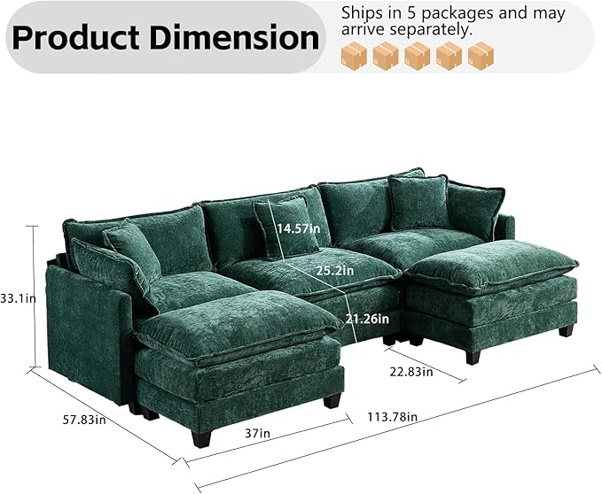113.78 Modular Cloud Couch Sectional U Shaped Modular Sectional Sofa with Movable Ottoman and Throw Pillows Comfy Chenille Fabric Deep Seat Cloud Sofa Couches for Living Room (Green3-Seater)
