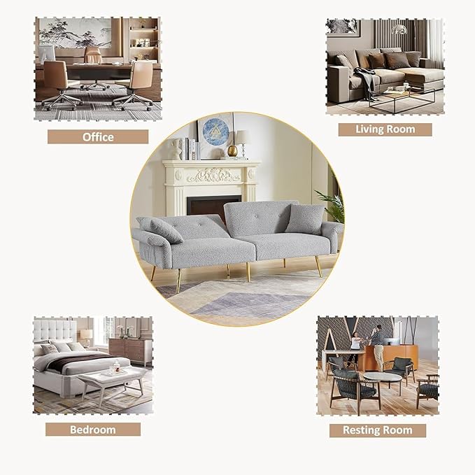 69.5'' Grey Futon Loveseat Sofa Bed Teddy Upholstered Folding Couch with Adjustable Backrest and Armrests Sleeper Sofa with Side Pocket and Gold Metal Legs for Small Space Living Room (Grey)