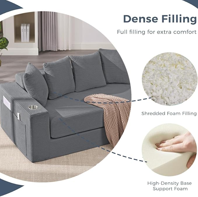 Anwick 2-in-1 Convertible Sleeper Sofa Bed Corduroy Boneless Loveseat Cloud Couch for Living Room Compressed Sofa in a Box 5 Pillows Fixed Frames Side Pockets &amp Cup Holders No Assembly (Gray