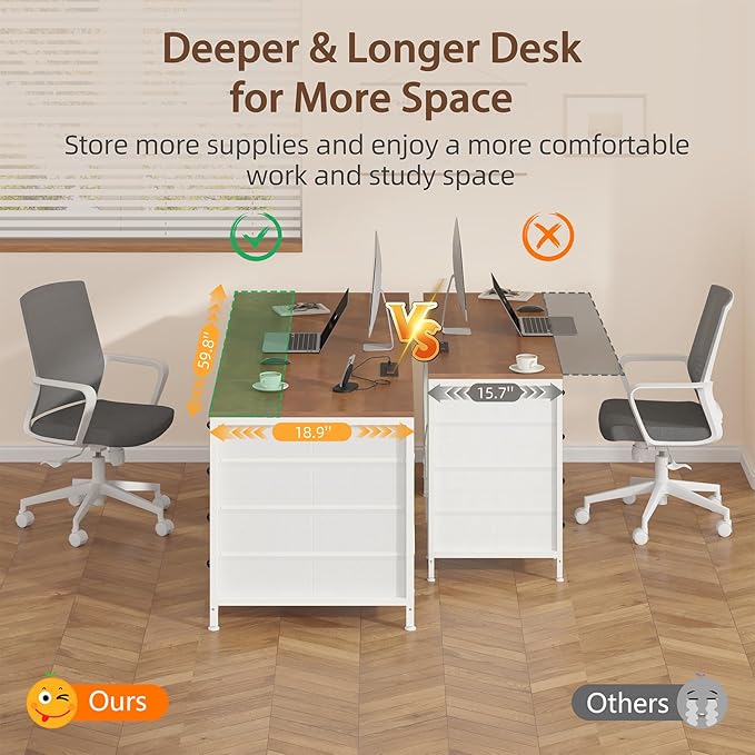 60 Inch Computer Desk with 8 Drawers Home Office Desk with Power Outlets Work Study Gaming Desk with 8 Fabric Drawers Brown and White
