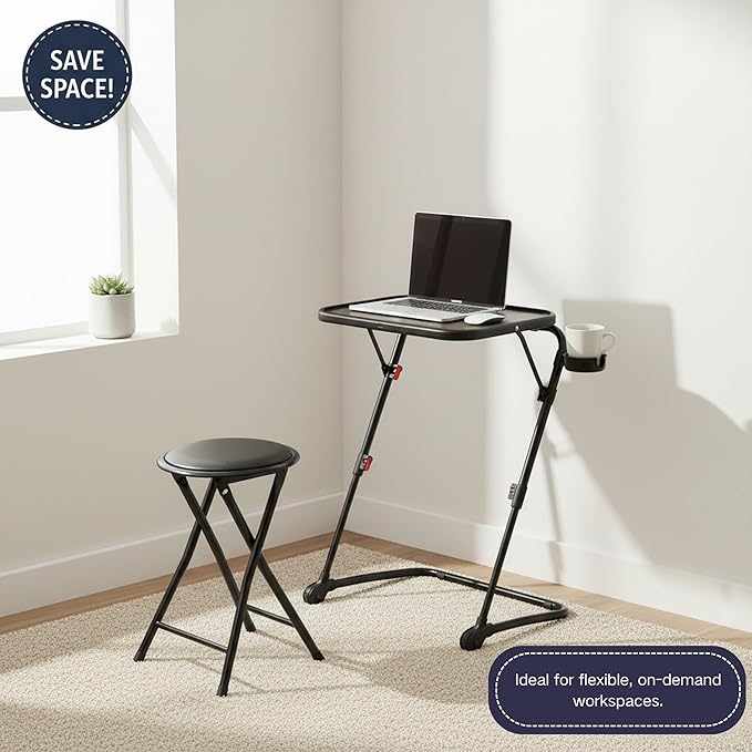 Homy Casa Folding Adjustable Laptop Table with Stool Set Portable Home Office Workstation Height Adjustable Standing Desk with Cup Holder Compact Computer Desk for Home Study &amp Small SpacesBl