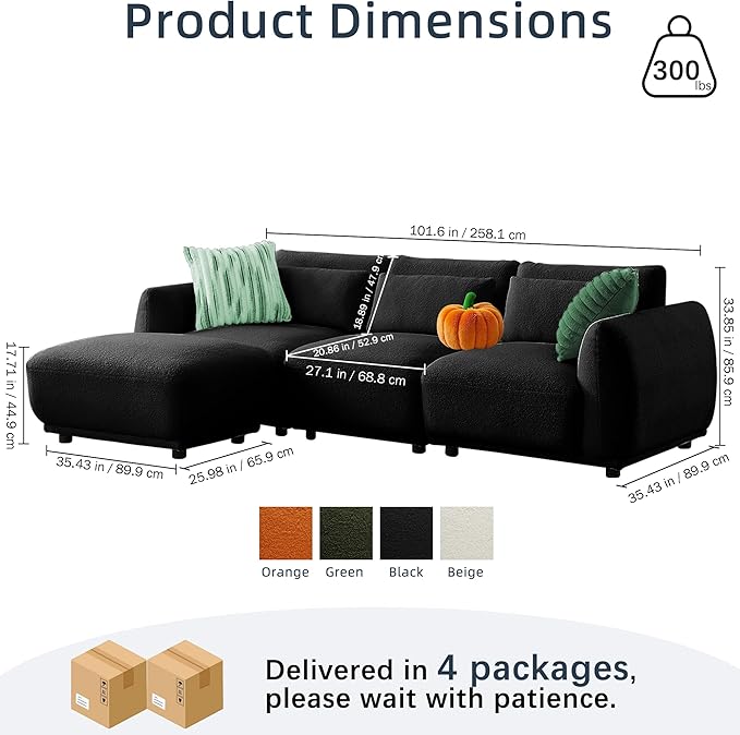 Sectional Sofa Couch Modern U Shaped Sectional Couch with Ottoman Modular Sectional Sofa Cloud Couches for Living Room (Black 3 Set + 1 Ottoman)