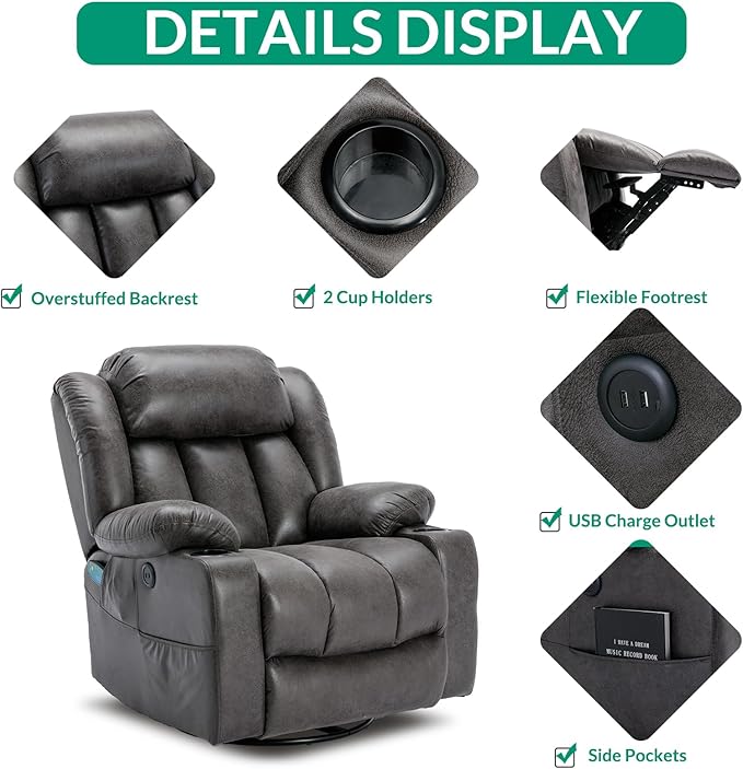 VIVIJASON Manual Swivel Rocking Glider Recliner Chair with Heat &amp Vibration Massage 360° Swivel Overstuffed Reclining Chair with 2 Cup Holders Side Pockets &amp USB Ports for Living Room Gray
