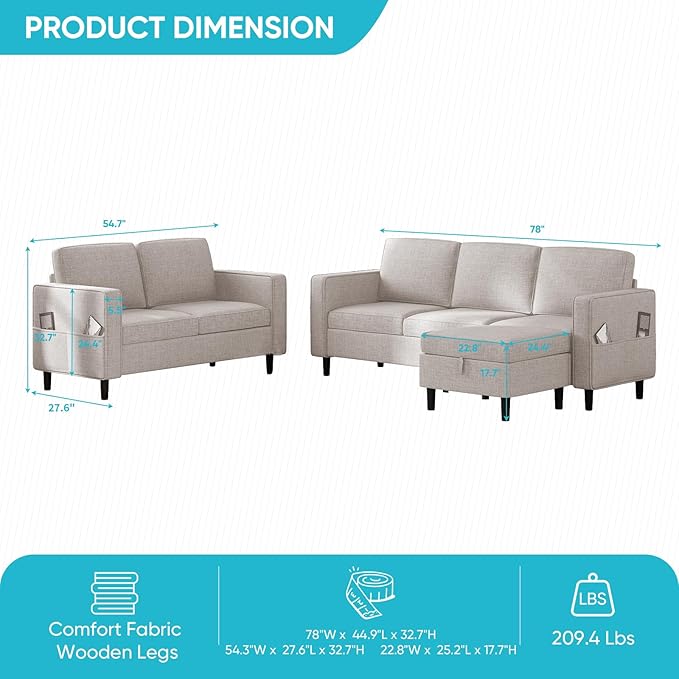 CECER 3 Piece Living Room Sectional Sofa Set with Ottoman and Side Pockets Modern Linen 5 Seater Couch Set3-Seater Sofa and Loveseat Set for Living Room/Office/Apartment-Beige