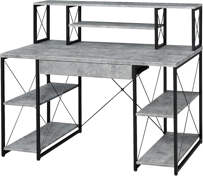 Penau Gray Finish Writing Desk Spacious Storage with Metal Frame Modern Design for Home Office Creative Studio Compartment Style