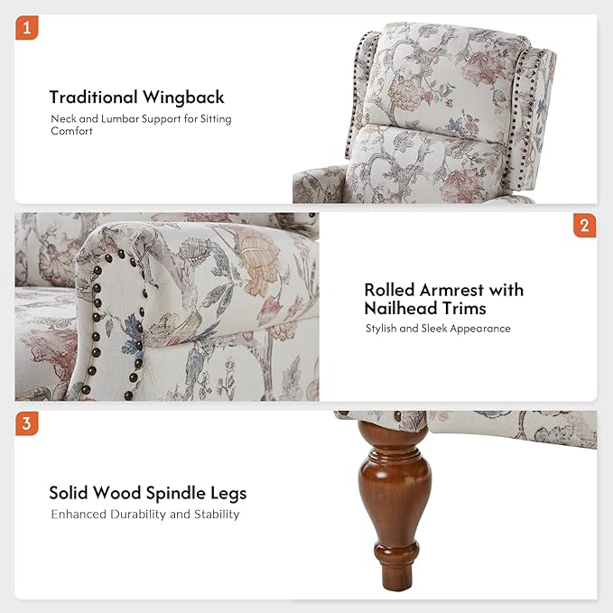 Pushback Recliner Chair Upholstered Floral Fabric Wingback Chair Single Sofa Accent Chair with Wood Legs and Rivet Decoration for Living Room Bedroom Navy Floral