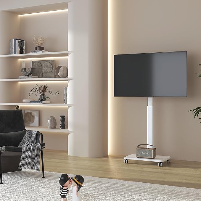 White Rolling TV Stand for 32 to 55 65 75 85 Inch TVs Corner TV Floor Stand with Mount Universal Portable Mobile TV Cart on Wheels Small TV Stand for Bedroom Living Room Conference Room