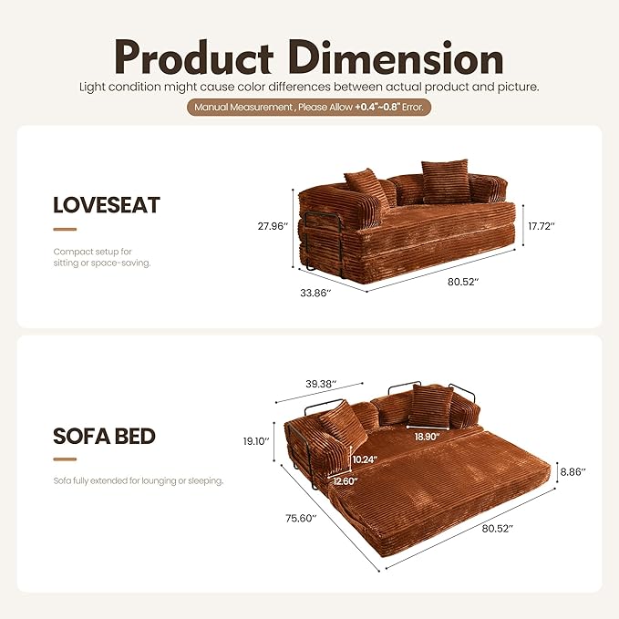 HOOOWOOO Convertible Folding Futon Sofa Bed4 in 1 Plush Corduroy Sleeper Couch No Assembly80.5 Boneless Loveseat 2 Chaise Lounge with Steel Frame(Brick Red)