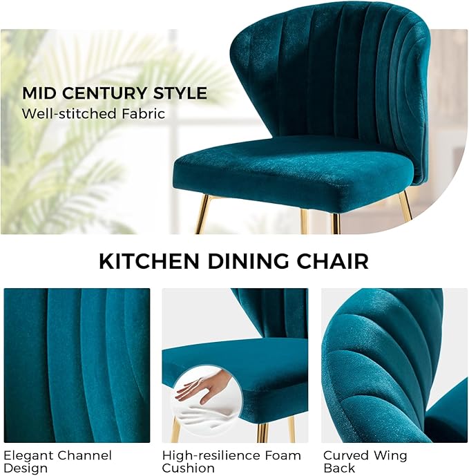 HULALA HOME Velvet Dining Chairs Modern Small Armless Accent Chair with Gold Metal Legs Living Room Upholstered Cute Side Chair Elegant Tufted Back Vanity Chair for Bedroom/Beauty Room-Teal