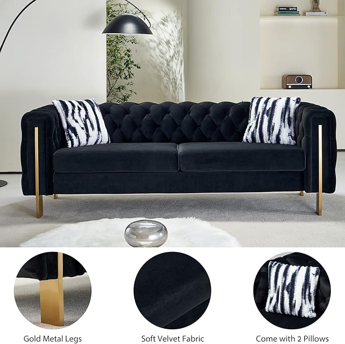 Dolonm Modern Velvet Sofa for Living Room 84 Inches Long Tufted Couch Upholstered Sofa with 2 Pillows High Arm and Metal Legs Decor Furniture for Bedroom Office (Black)