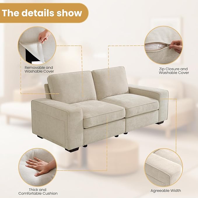 73 2-Seater Modular Sectional Sofa Loveseat Modern Comfy Chenille Couch with Removable Chenille Washable Cover Seat Storage and USB Port for Living Room Office Apartment Easy to Install Beige