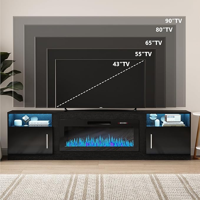 VITESSE TV Stand with 36 inch Electric Fireplace Up to 90 TVs LED Light Entertainment Center 80 Modern Wood High Gloss Fireplace with Highlight Storage Cabinet for Living Room (Black)