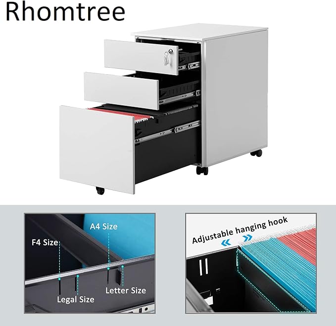 Rhomtree 3 Drawer File Cabinet Rolling Metal Filing Cabinet with Lock Mobile Pedestal Storage Fully Assembled Without Casters (White)