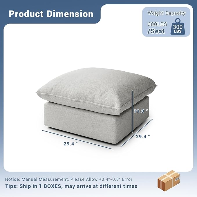 Cloud Movable Ottoman Waterproof Down Filled Modular Sectional Sofa High Backrest Sectional Couches for Living Room Modern Modular Couch with Removable Cover Light Gray
