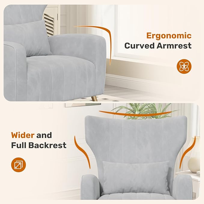 Velvet Accent Chair Wingback for Living Room High Back Arm Chair with Golden Legs Lumbar Pillow Upholstered Single Sofa Bedroom Light Gary