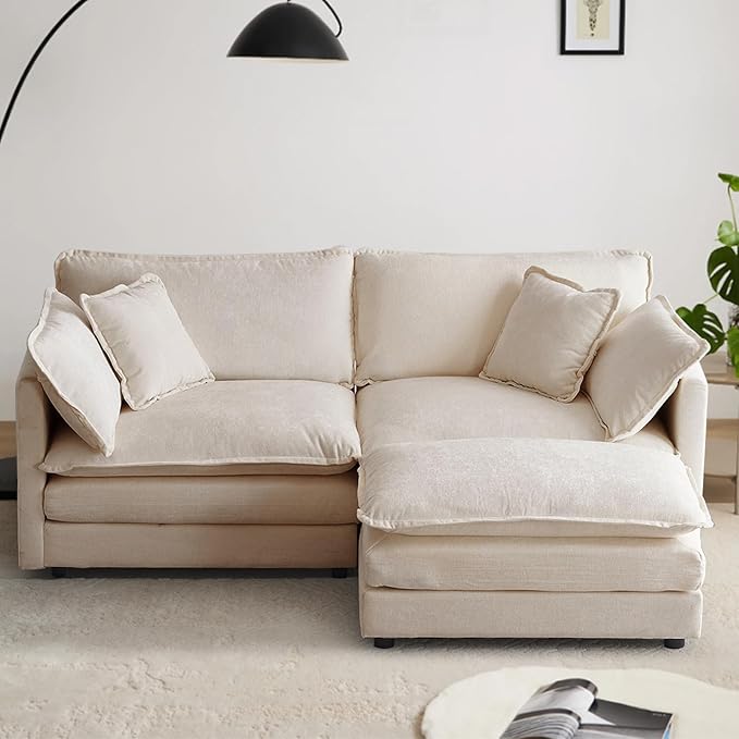 76.7” Modular Sectional Sofa L-Shaped Convertible Couches 2 Seater Chenille Deep Seat Cloud Couch with Pillows and 1 Ottoman for Living Room Apartment Office(Khaki)