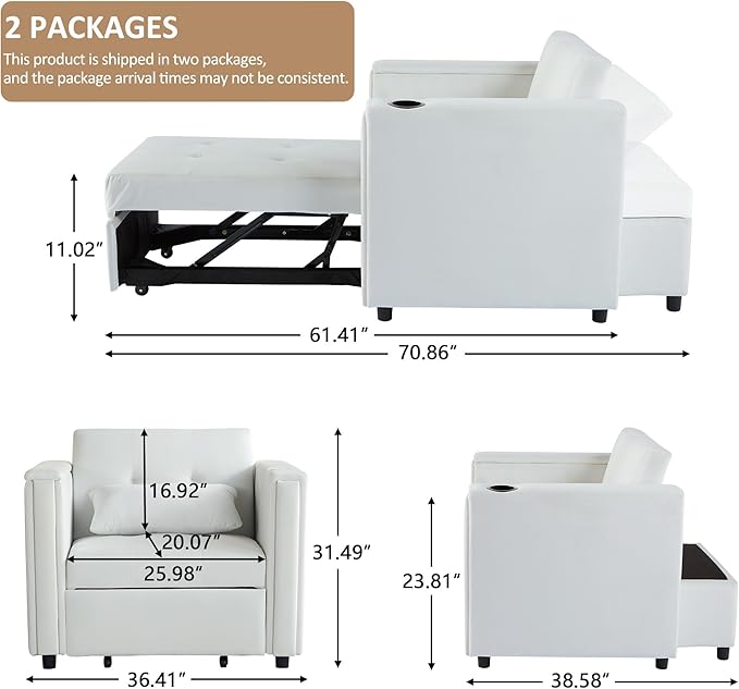 Velvet Convertible Chair Bed 3 in 1 Multi-Functional Lounge Chair Sleeper Pull Out Couch Guest Bed with Hidden Table and Adjustable Backrest for Living Room (White)