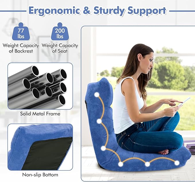 KOMFOTT 14-Position Adjustable Floor Chair with Back Support - Folding Padded Gaming Sofa Chair for Reading Meditation Living Room Lazy Lounge Video Gaming - Blue