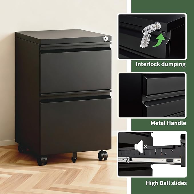 2 Drawer File Cabinet with LockRolling Filing Cabinet with Wheels for Home OfficeUnder Desk Metal File CabinetOffice Storage OrganizerBlack