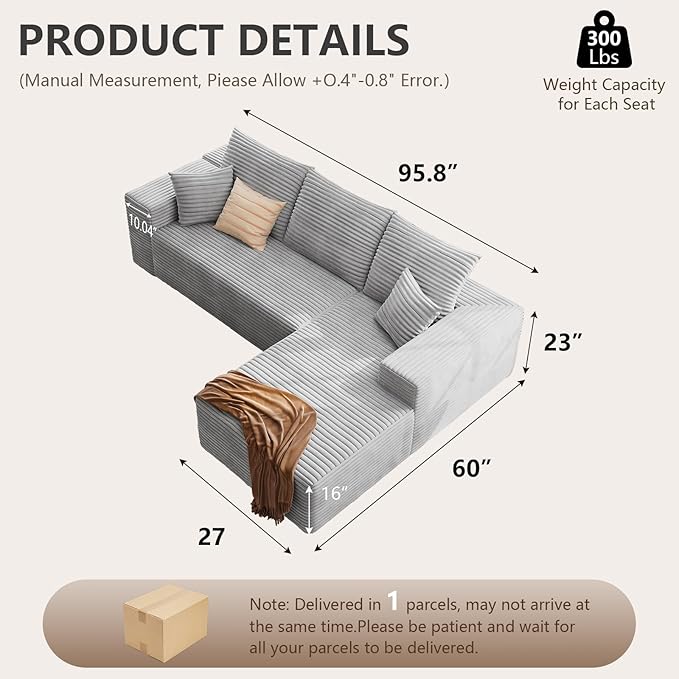 95 Cloud Sectional Couch with L-Shape Chaise Modern Corduroy Boneless Deep Seat Sofa 3-Seater Modular Sleeper Couch for Living RoomBedroomApartmentNo Assembly(Light Grey Right-Facing Chaise)