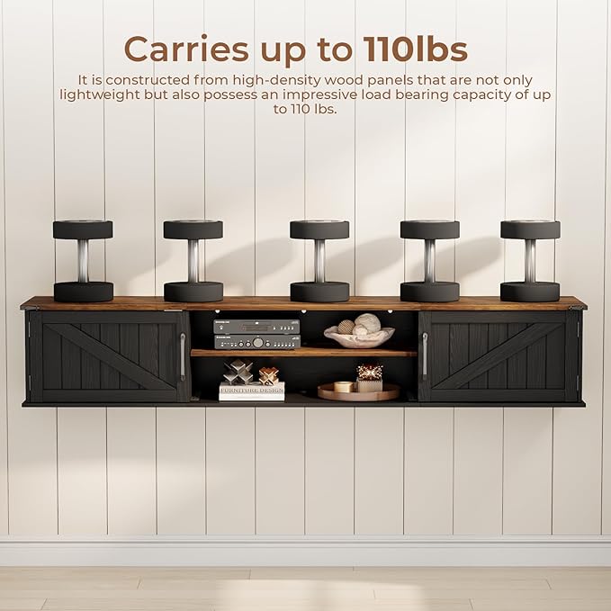 Floating TV Stand with Doors 63'' Farmhouse Floating TV Shelf for TVs up to 80 Inch 2 Tier Wall Mounted TV Stand Floating Entertainment Center TV Floating Cabinet for Living Room Bedroom Black