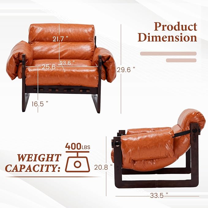 Furnilivng Modern Lounge Accent Chair Comfortable Oil Waxed Leather Arm Chair with Sturdy Wood Frame Upholstered Cozy Sofa Chair for Living Room Bedroom Dressing Room Home Office Retro Orange