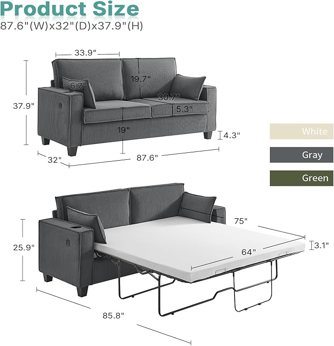 2-in-1 Pull Out Sofa Bed 88 Queen Size Sleeper Sofa Corduroy Convertible Loveseat Sleeper for Living Room Guest Room Apartment Home Office（Grey）