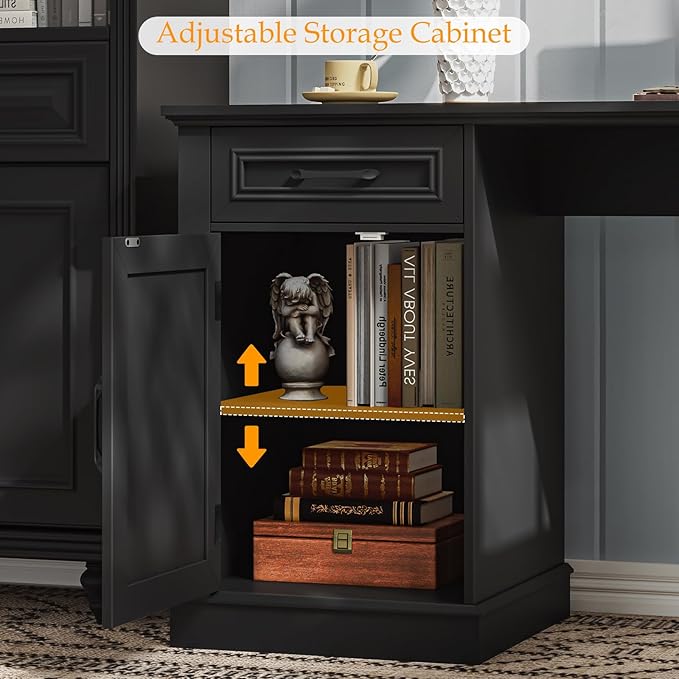 Vabches Farmhouse 59 L-Shaped Executive Desk with Drawers Wood Home Office Corner Desk with Charging Station File Drawer Storage Cabinet Rustic Computer Writing Desk for Home Office(Black