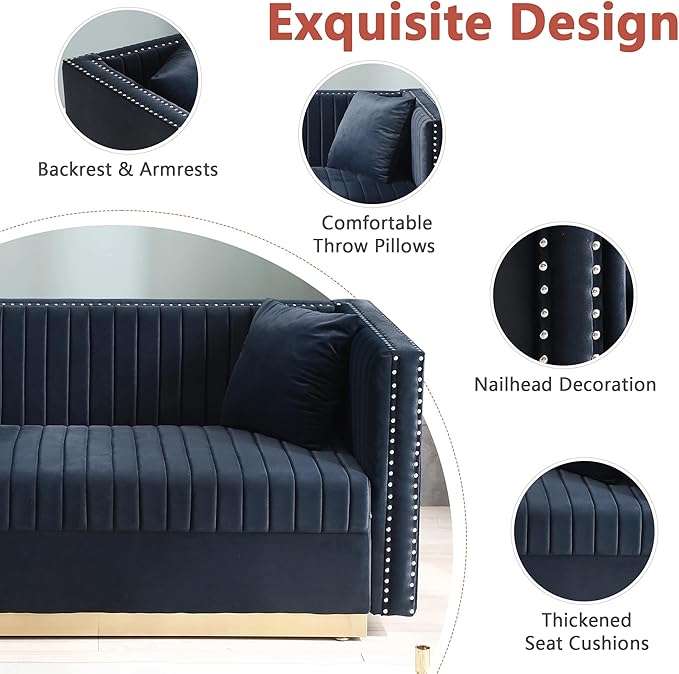 Modern Velvet Loveseat Sofa 61.4 Inch Vertical Channel Tufted Sofa Couch Luxury 2 Seater Couch with Gold Metal Legs for Living Room Bedroom Apartment Black