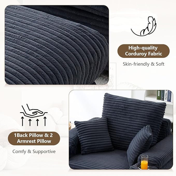 43.3”W Oversized Accent Chair with Ottoman &amp Storage Modern Corduroy Reading Chair with Cup Holder &amp Pillow Comfy Upholstered Deep Seat Armchair for Living Room Bedroom (Dark Grey)