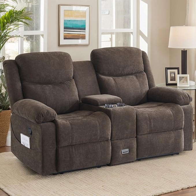Reclining Loveseat with Console Loveseat Recliner Sofa with Massage &amp Heating RV Wall Hugger Double Loveseat Recliner Couch for Living Room &amp Home Theater (Chenille-Brown-2)