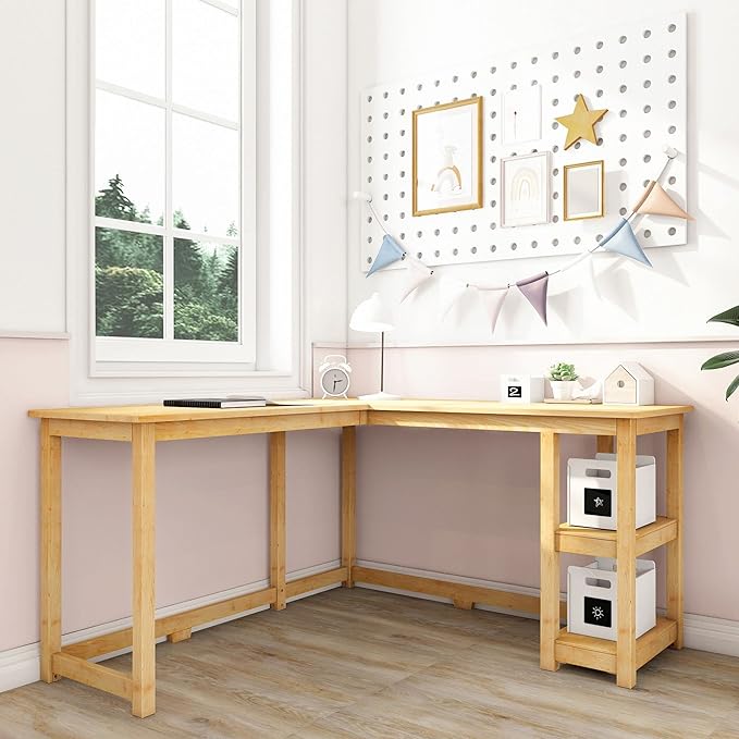 Max &amp Lily L Shaped Desk Corner Desk for Home Office Gaming Computer with Storage Shelves 55 x 55 Inches Natural