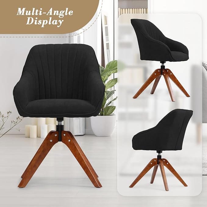 Athena Collection Swivel Modern Accent Chair Linen Upholstered Armchair Office Desk Chair No Wheels with Wooden Legs Comfy Vanity Chair Reading Chair for Bedroom Living Room Black