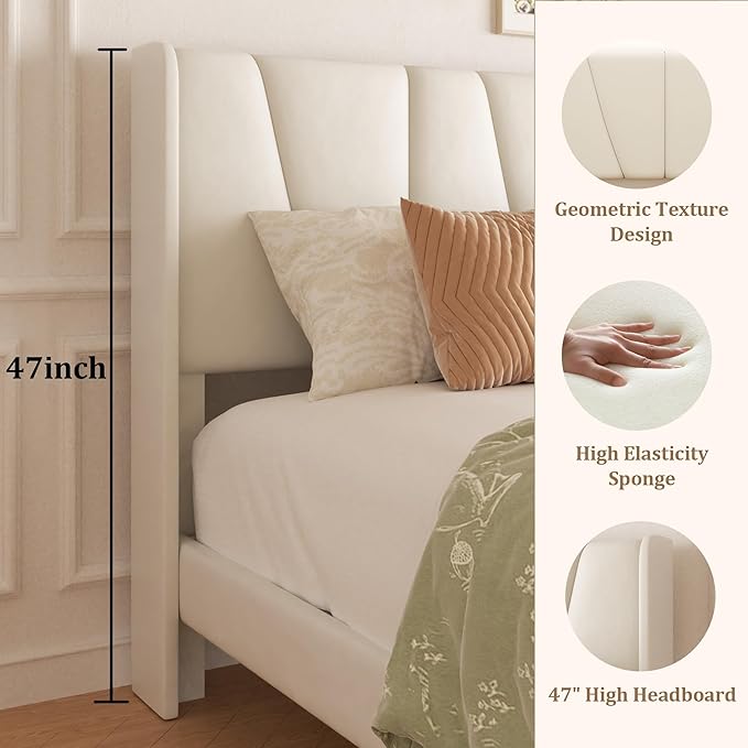 Queen Bed Frame with Storage Drawers Upholstered Queen Size Platform Bed with 47 Tall Headboard and Wingboard No Box Spring Needed Noise Free Easy Assembly Wooden Support Slats Beige