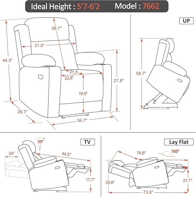 MCombo Large Triple Motor Power Lift Recliner Chair with Massage and Heat for Elderly People Adjustable Headrest Infinite Position USB Ports Faux Leather 7662 (Blue Large)