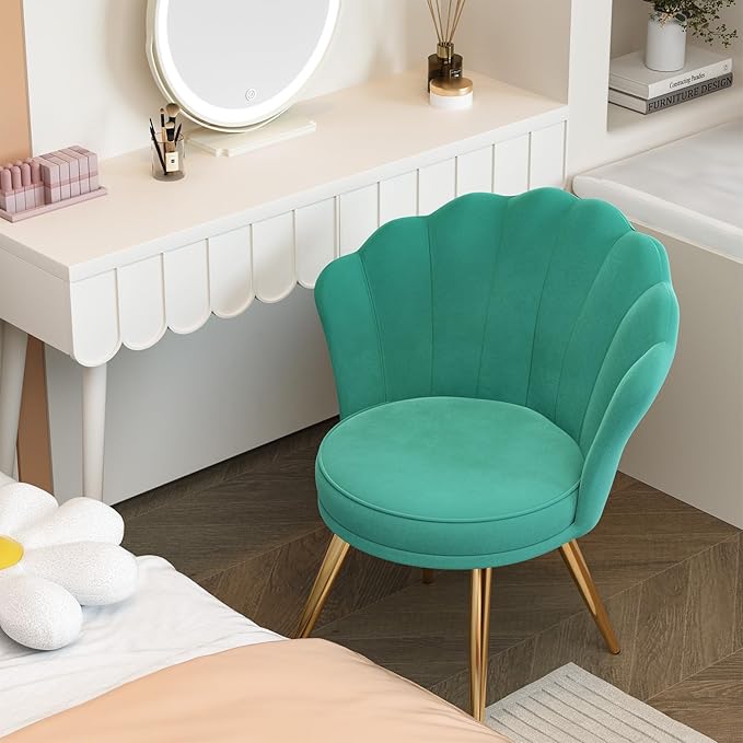 Velvet Accent Chair with Gold Metal Legs Vanity Chair for Makeup Room Upholstered Guest Chair for Living Room Side-Chair for Bedroom Cyan