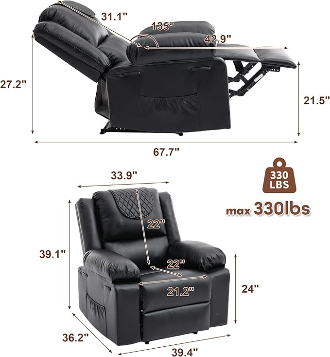 PU Leather Extra Wide Manual Recliner Chair for Adults with Massage &amp Heat Oversized Lazy Recliner with 1.5X Thick Sponge Comfort for Living Room BedroomBlack